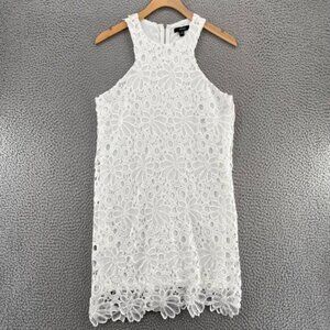 Very J Dress Womens Small White Eyelet Floral Lace Overlay Shift High Neck Mini